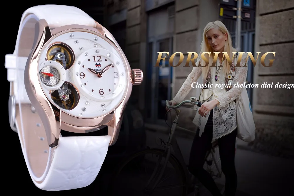 Forsining люксовый бренд Relogio Tourbillion белый кожаный для женщин повседневные часы Женская мода платье Стразы Наручные часы