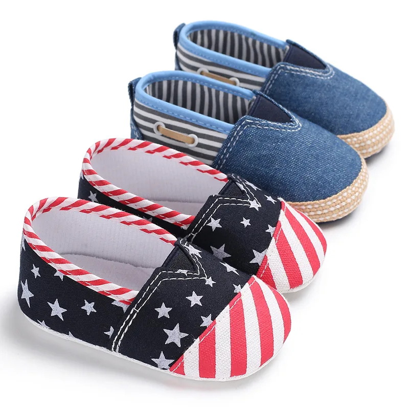 Summer Autumn Infant Baby America Flag Pattern Toddler White Star Print Crib Shoes Kids Anti-Slip Soft Sole First Walkers |