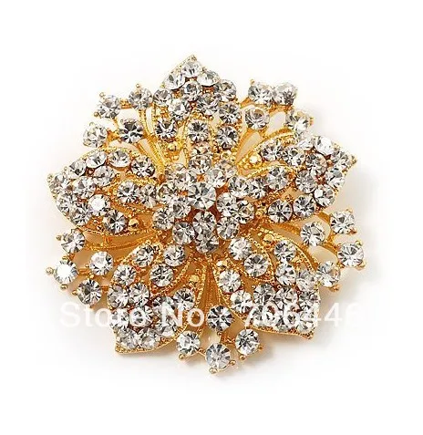 Большие броши для свадебного букета в золотом цвете с прозрачными кристаллами и