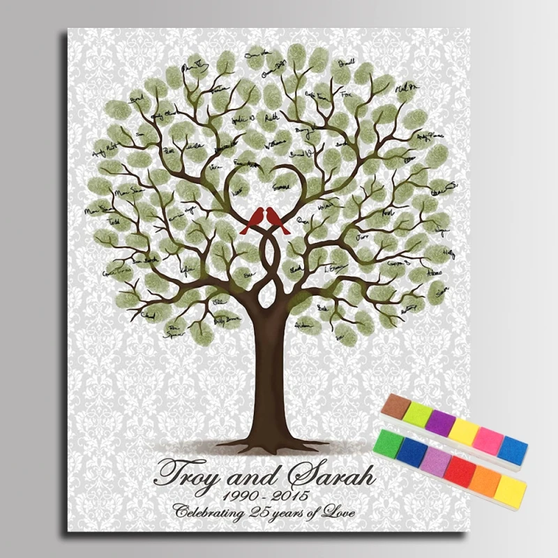 DIY отпечаток пальца дерево с подписью Холст Картина любимые птицы Свадьба
