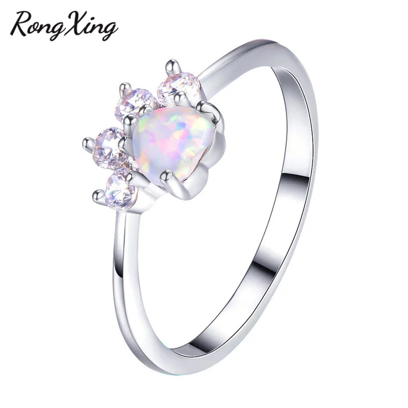 Rongxing стильный Кот Bear Paw Белый огненный опал след Кольца для Для женщин Белое Золото Заполненные Циркон собака когти палец кольцо RW1857