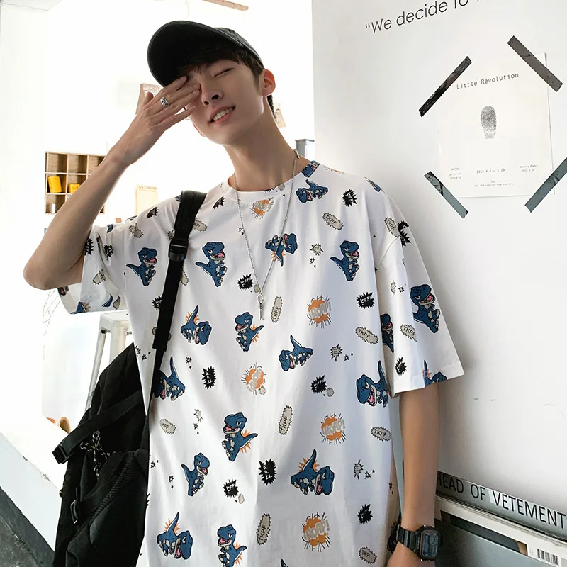 Мужская футболка с принтом динозавра белая/синяя свободная круглым вырезом и