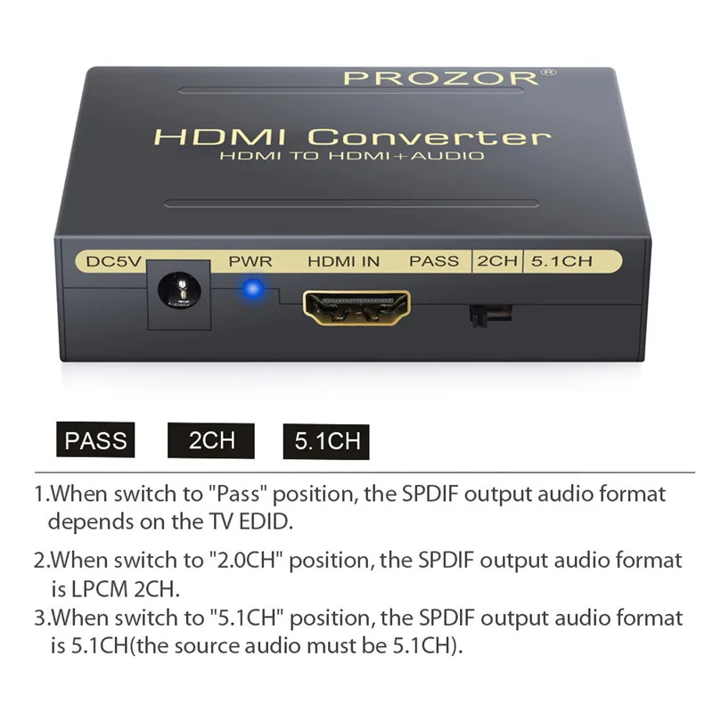 Prozor HDMI To Optical RCA L/R Audio and Video decoder HDMI 4K HDMI TO HDMI Loop 2.1CH 5.1CH Extractor Converter Audio decoder