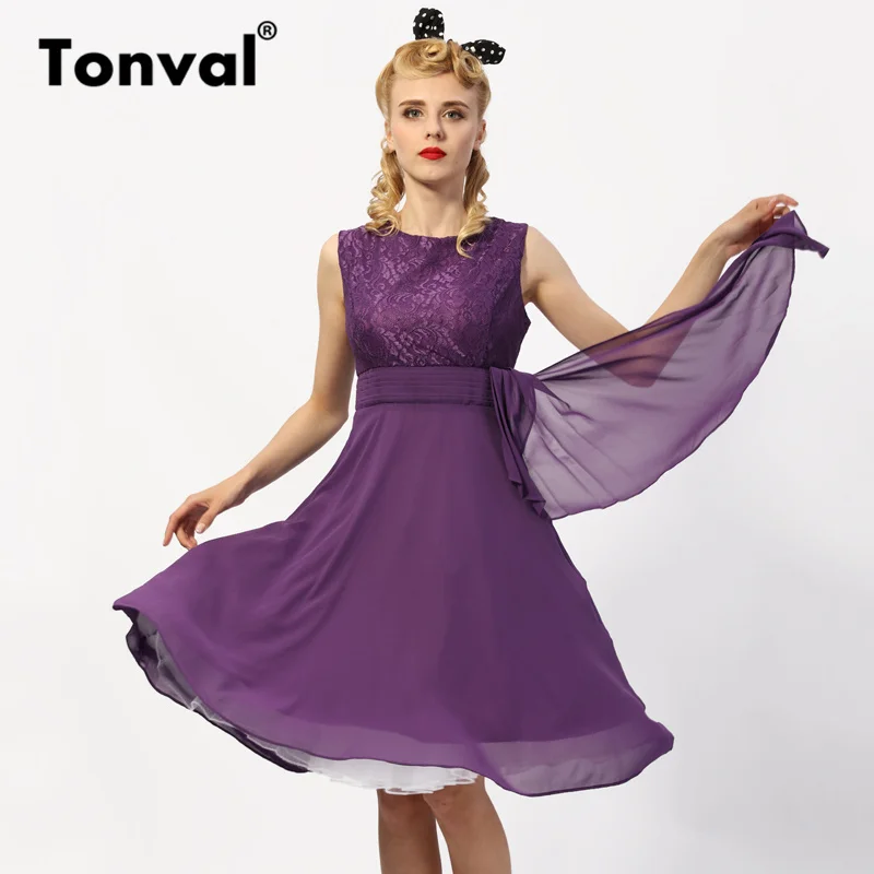Tonval, винтажное шифоновое летнее платье с рюшами и баской, женское фиолетовое кружевное контрастное офисное платье, элегантные вечерние платья