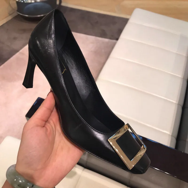 Black-Matte Leather Туфли-лодочки; женская обувь с квадратным носком; обувь на толстом высоком каблуке; женская обувь с закрытым носком для вечеринки; Новинка года; сезон весна - Цвет: Black-Matte Leather