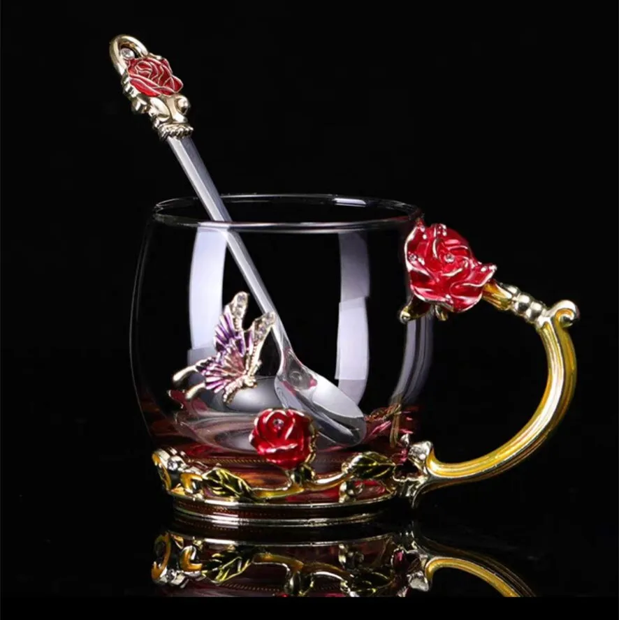 1cup1spoon Ручная работа, эмалированная Хрустальная чашка, кофейная кружка, лимонный цветок, чайная чашка, Высококачественная стеклянная посуда для напитков, подарок, Пара кружек для влюбленных, свадьба - Цвет: 1cup1spoon