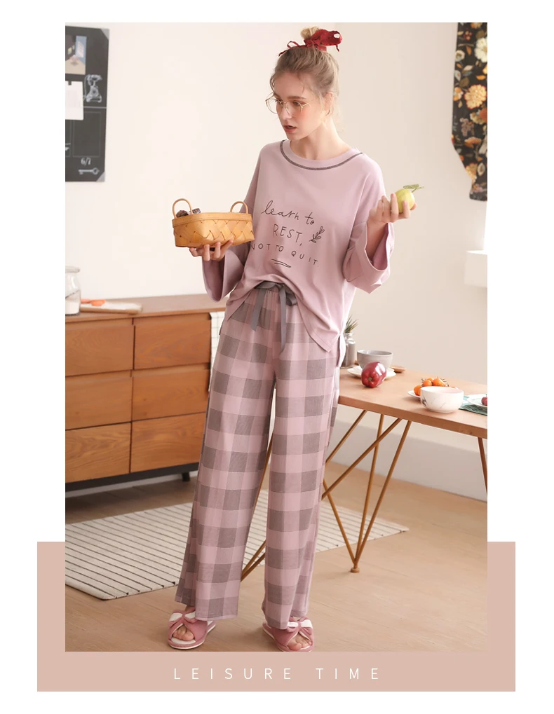 J& Q Модные женские Пижамы Новая Модная хлопковая Домашняя одежда розовый топ с принтом свободный низ хлопок брендовый пижамный комплект
