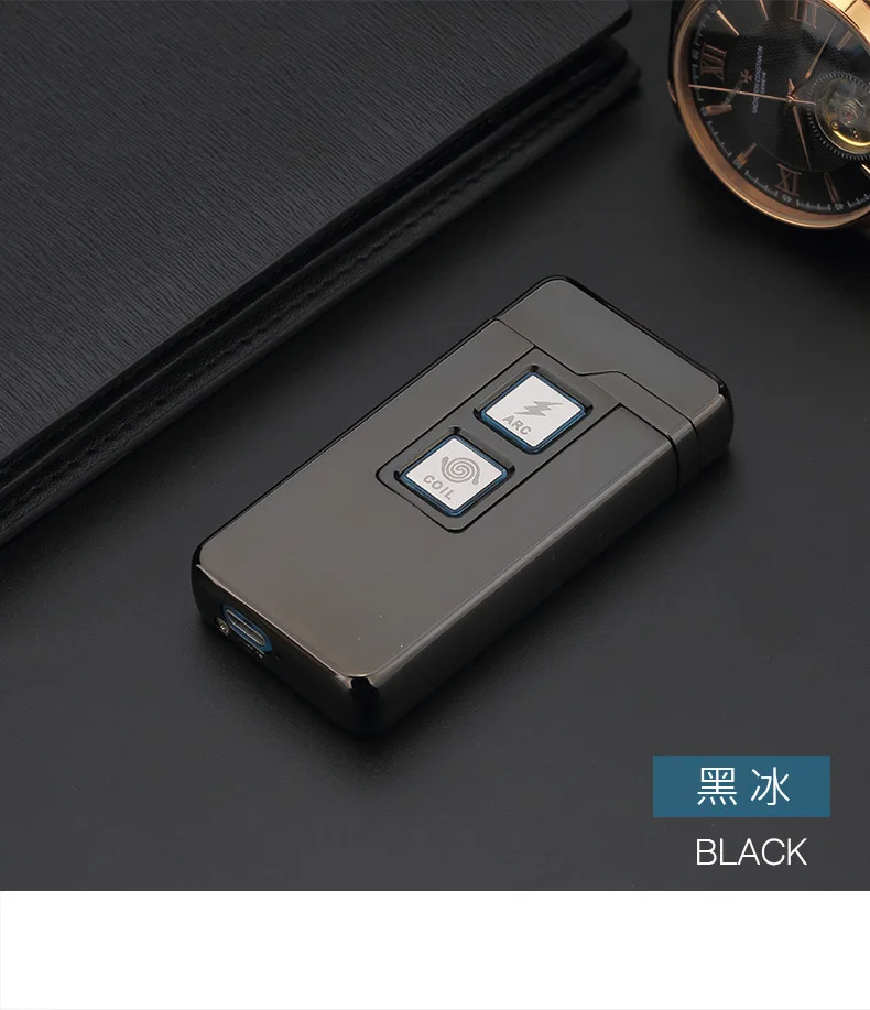 Новинка, 2 в 1, катушка, дуговая зажигалка, умная, Электронная, USB Зажигалка, двойного назначения, сенсорное, Индукционное зажигание, металлическая зажигалка для прикуривателя, mecheros - Цвет: black