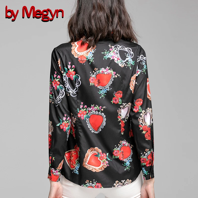 Женские блузки с длинным рукавом от Megyn элегантные черные принтом сердца и розы