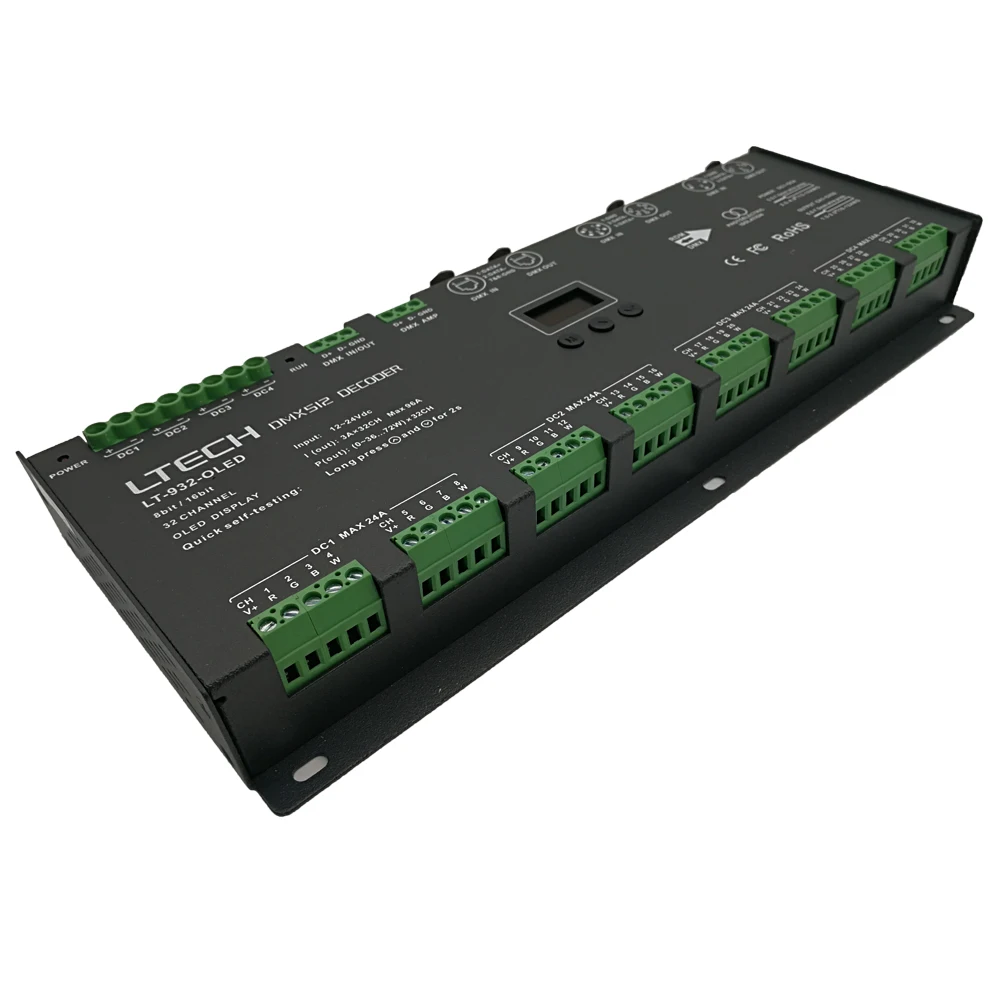 LT-932-OLED декодер 32CH DMX-PWM; Вход DC12-24V; 3A* 32CH Max 96A 2304 Вт выход RGB/RGBW контроллер полосы XLR-3/RJ45