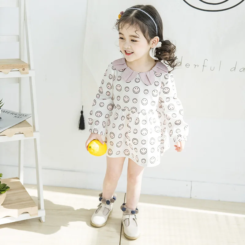 Baby Girls Dress Smiley Face Printed Petal Collar Full Cotton 2018 New Autumn For 1-5 Years Children's Dresse | Детская одежда и