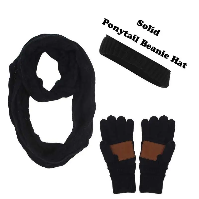 A-Solid-Black Ponytail Beanie Women Scarf Hat Glove Sets Knitted Winter Cap Warm Skullies Beanies Woolen Hats Casual Female Slouchy Knit Caps - Color: A-Solid-Black