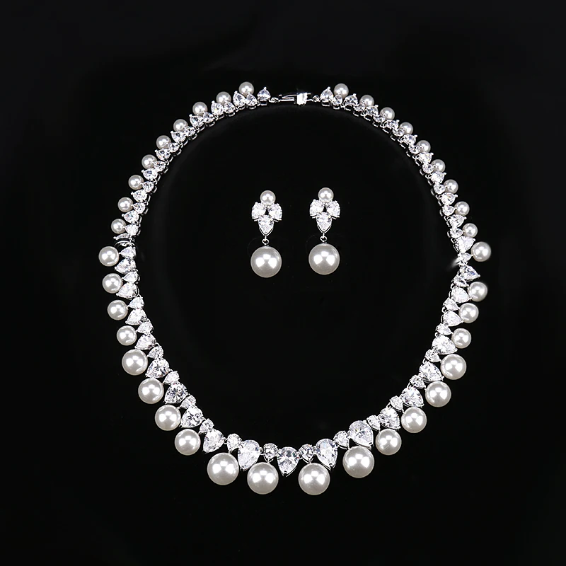 HIBRIDE модный дизайн AAA фианит длина 42 см Ожерелье жемчужная подвеска белый золотой