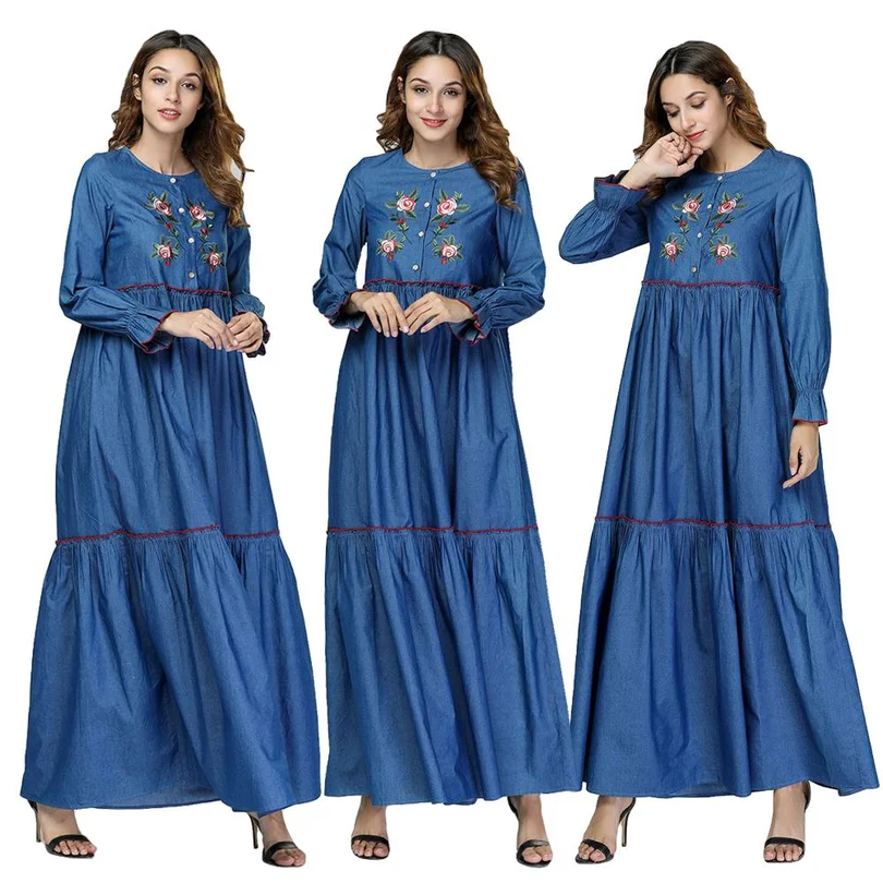 Мусульманский Для женщин джинсовое платье с вышивкой макси драпировка длинное в