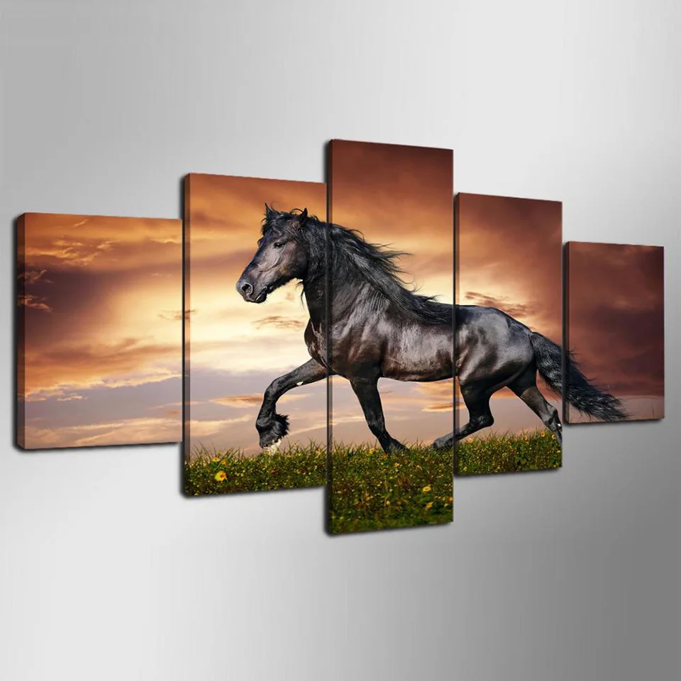 HD Print Modern Home Painting Modular Pictures 5 Panel Running Black Horse Framework Wall Art Poster Decor Living Room Canvas