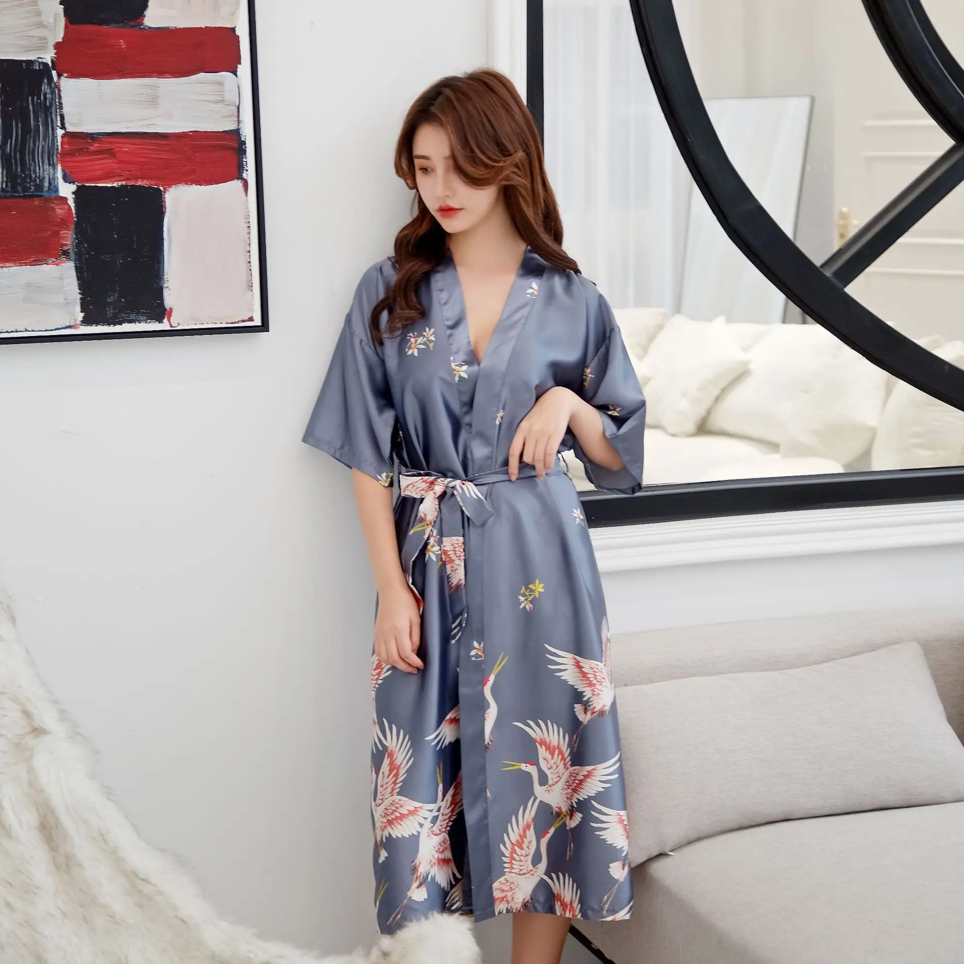 Женское длинное ночное белье искусственный халат с принтом животных домашняя