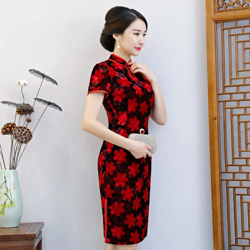 Новинка, сексуальное женское платье с цветочным принтом, Qipao, ручная работа, на пуговицах, бархатное платье, короткий рукав, китайский воротник-стойка, Cheongsam M-4XL