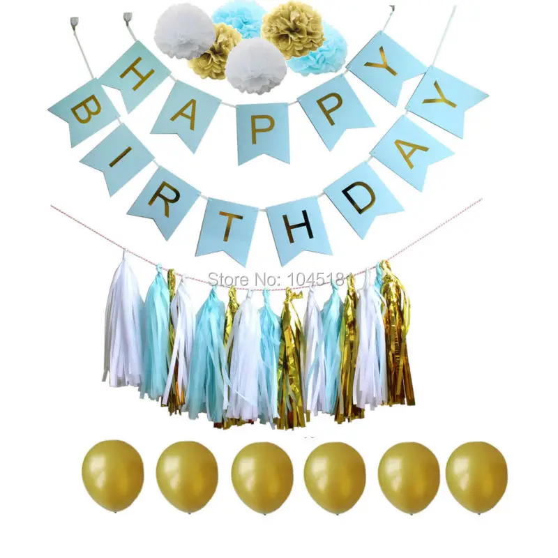 

ipalmay 30set Gold White and Blue Tissue Paper Pompoms Tassel Garland Party Balloon with Happy Birthday Bunting Banner Flags