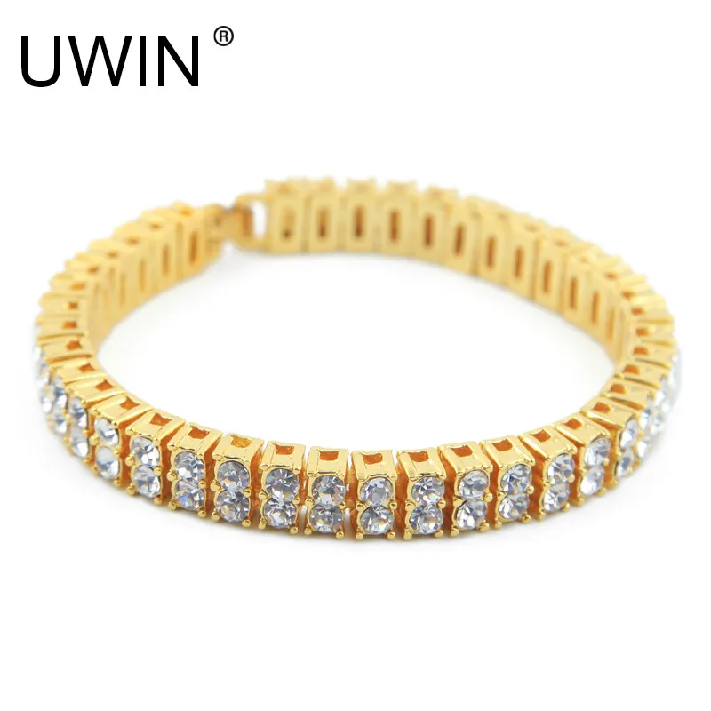 Мужской браслет UWIN в стиле хип хоп цвет под золото украшенный 2 ряда стразы на