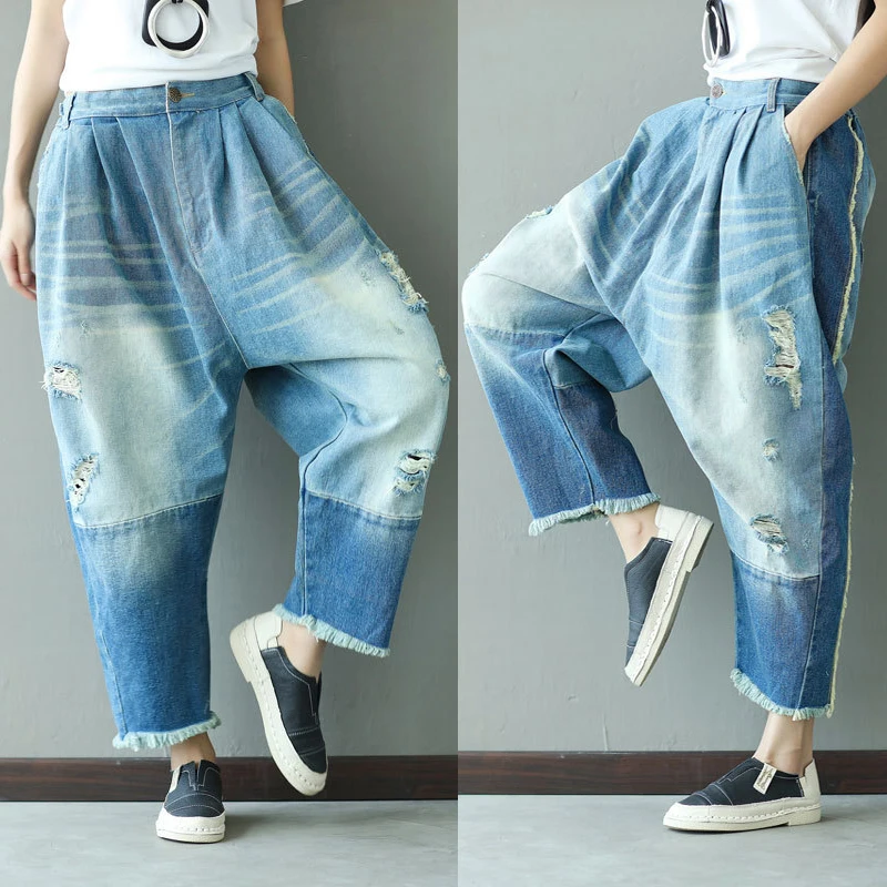 Free Shipping 2021 New Fashion 3/4 Pants For Women Denim Jeans Trousers Loose Elastic Waist Harem Pants With Holes Summer Pants
