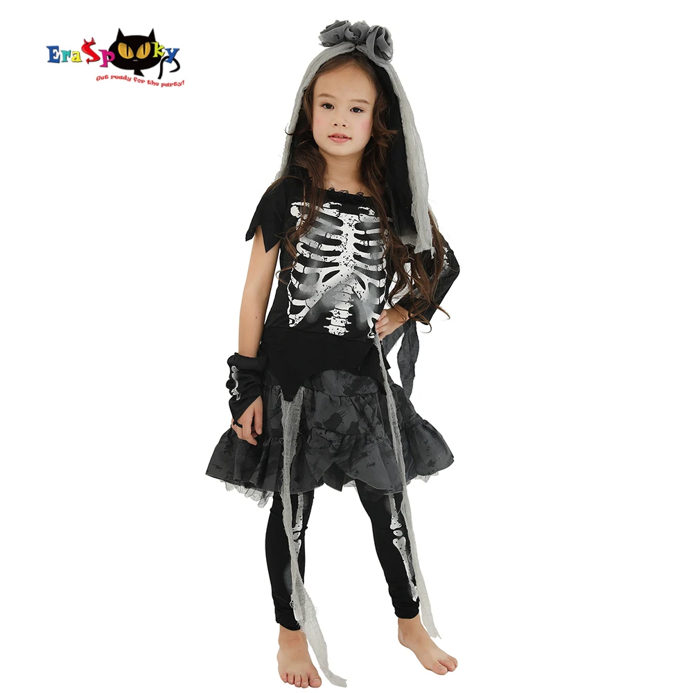 

Eraspooky Halloween Costume For Kids Scary Skeleton Zombie Girls Dress Ghost Child Carnival Party Cosplay Headpiece Fancy Dress