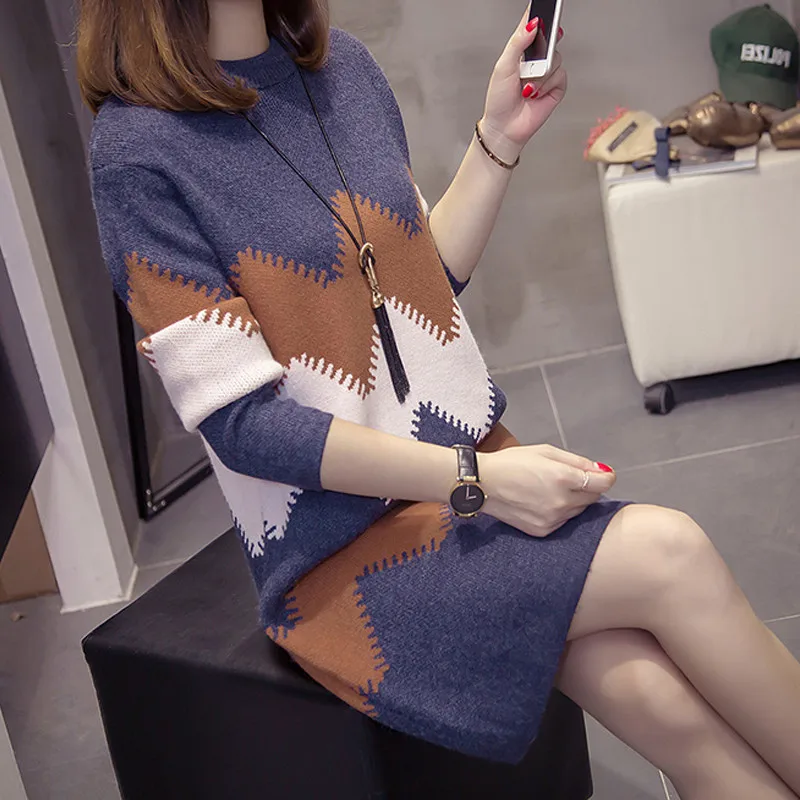 Женское платье свитер Зима 2020 Повседневный пуловер с круглым вырезом в стиле