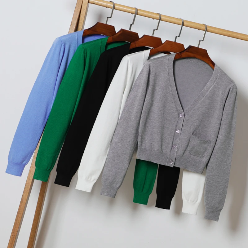 Size M-3XL Autum Spring Women V-Neck Knitted Casual Cropped Sweaters Cardigans Lady Knit Short Outwear Coat Top for Female |
