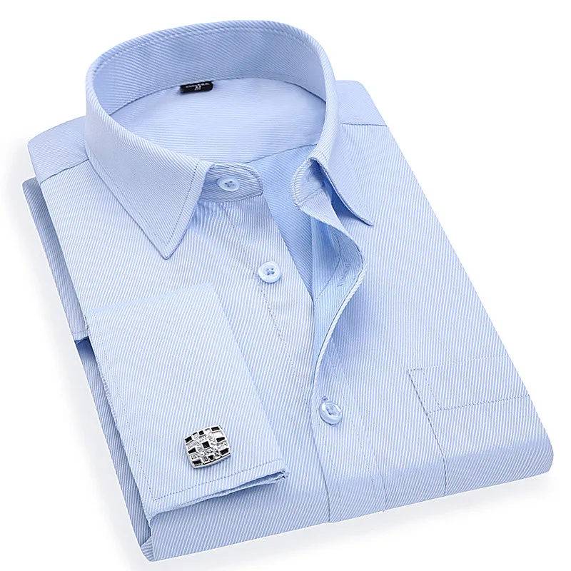 Men 's French Cufflinks Business Dress Shirts Long Sleeves White Blue Twill Asian Size M, L, XL, XXL, 3XL, 4XL, 5XL, 6XL