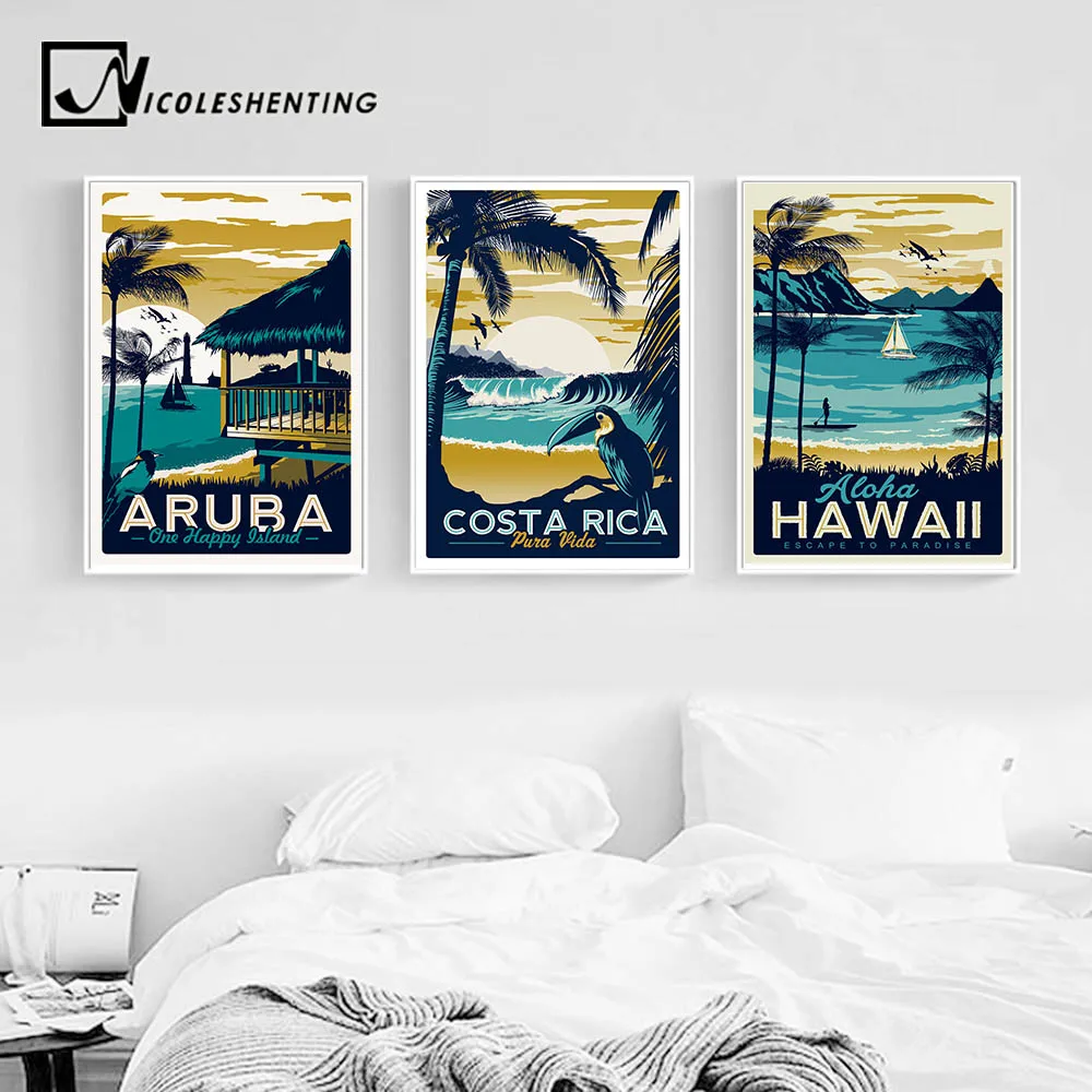 NICOLESHENTING Aruba, Гавайский пляж, винтажный минималистичный художественный холст, живопись, пейзаж, картина, принт, современный Декор для дома, комнаты