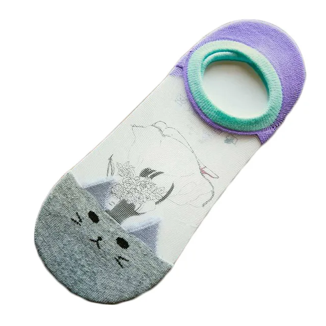 W078 gray YRRETY Симпатичные Harajuku принтом кота носки Для женщин летний корейский животного Забавные милые укороченные Носки Happy Карамельный цвет кружева носки - Цвет: W078 gray