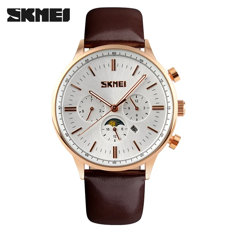 white gold SKMEI Мужские кварцевые часы роскошные часы Relogio Masculino модные повседневные синие из натуральной кожи водонепроницаемые мужские наручные часы Relojes - Цвет: white gold