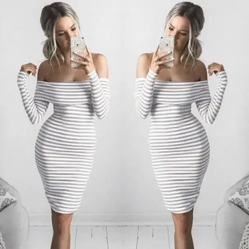 Sexy Women's Bandage Body-con Slash Neck Striped Dresses Long Sleeve Evening Party Short Mini Dress | Женская одежда