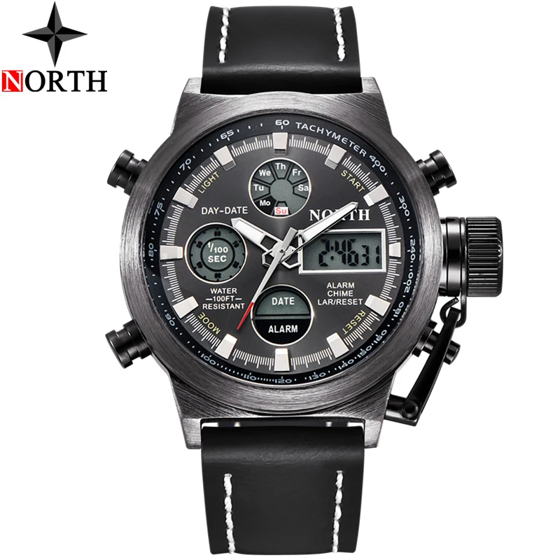Часы NORTH Luxury Brand Мужские Аналоговые Цифровые Спортивные с кожаным ремешком
