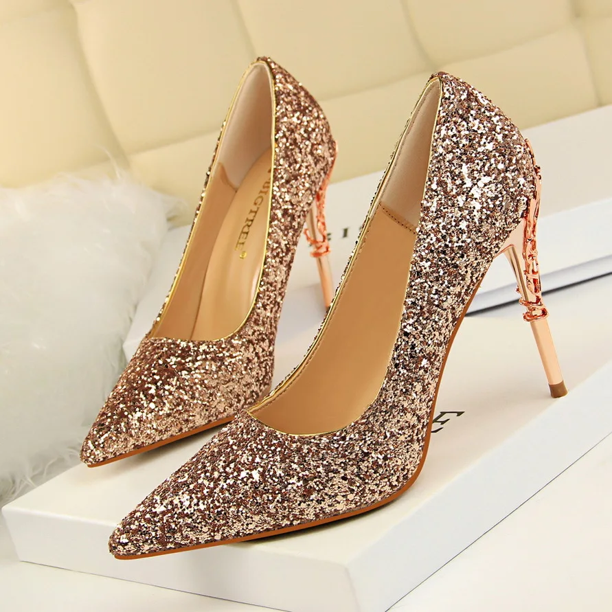 

Spring Autumn Women Shoes Pointed Toe Pumps 9.5CM Thin Heels Wedding Dress Sexy Metal with Sequins High Heels Boat Shoes