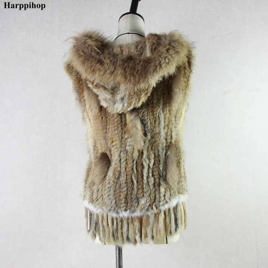 fashion rabbit fur vest raccoon fur trimming knitted rabbit fur vest with hood fur waistcoat gilet