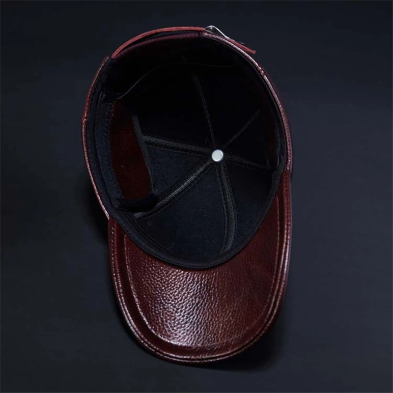 

2017 Gift New Cowhide Leather Baseball Caps Middle age Mens Snapbacks Solid Color Ear Flap Patchwork Dad Cap for Men Hat