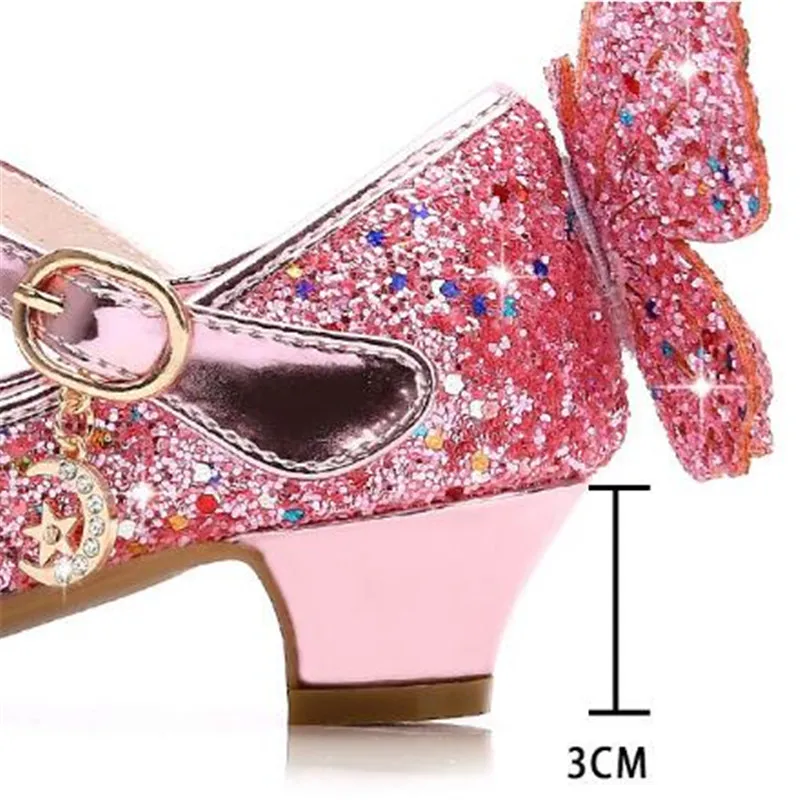 

Girls High-heeled Princess Bowknot Shoes 2019 Autumn Crystal Sweet Children Sequins Elegant Wedding Shoes