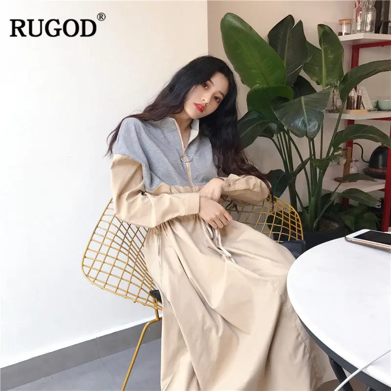 RUGOD осеннее платье женское миди однотонное со стоячим воротником 2019 модная