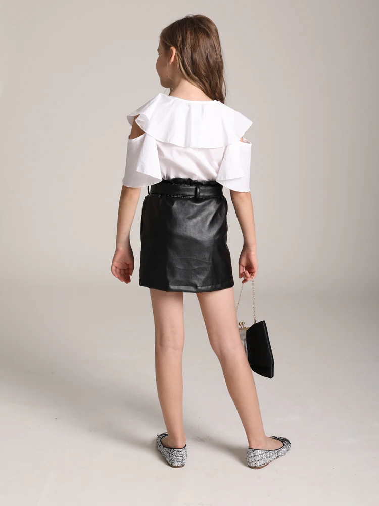 Комплекты для девочек из 2 предметов белая футболка + кожаная юбка летняя одежда