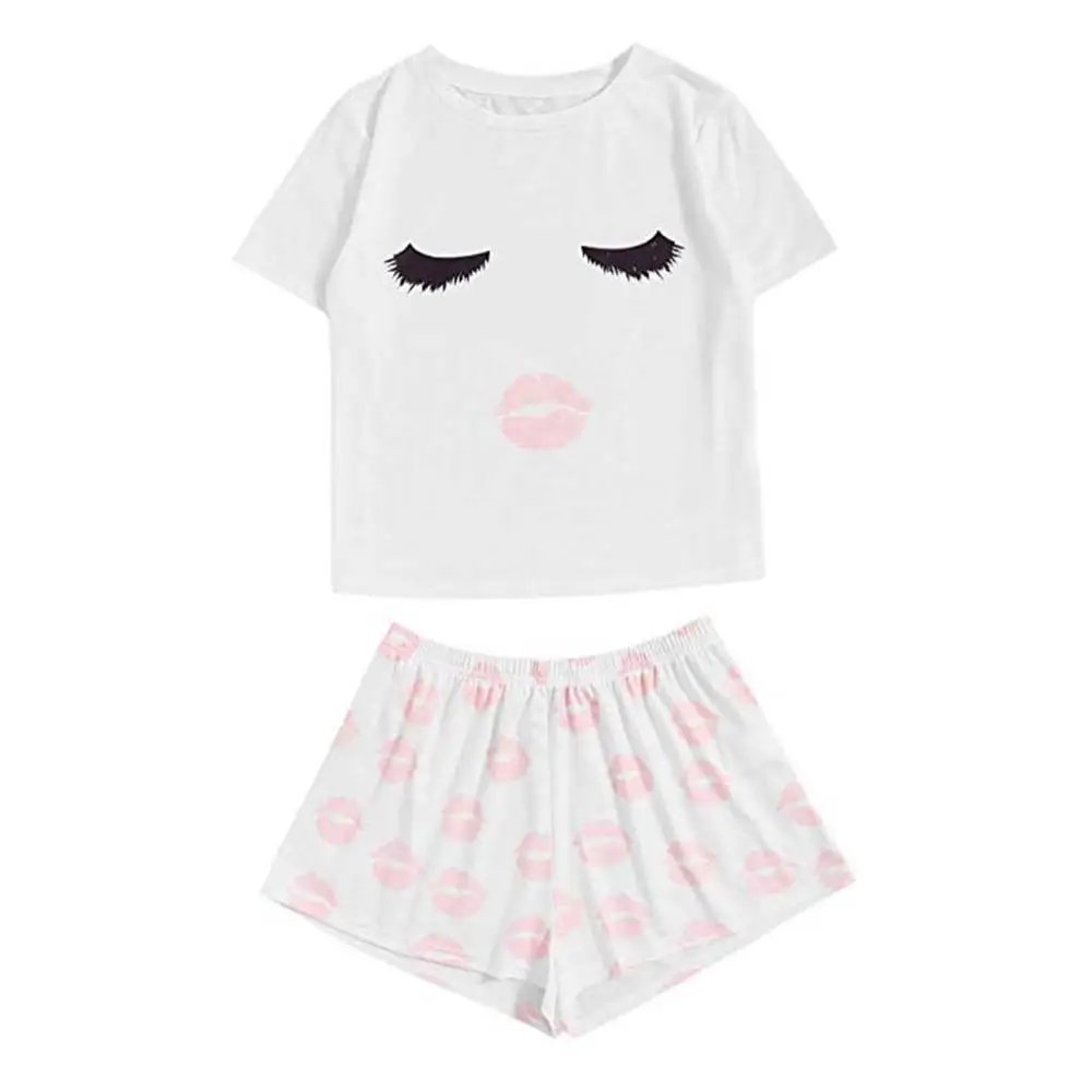 G Women's Pajamas Cactus Print Pajamas Set Casual Shorts Short Sleeve Ruffled T-Shirt Sleepwear Nightwear Set pijama mujer - Цвет: G