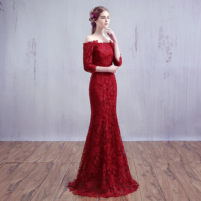 Кружевное платье с открытыми плечами для выпускного вечера es Mermaid Gala Jurken vestido de festa Бордовое платье для выпускного вечера с длинным рукавом женское вечернее платье