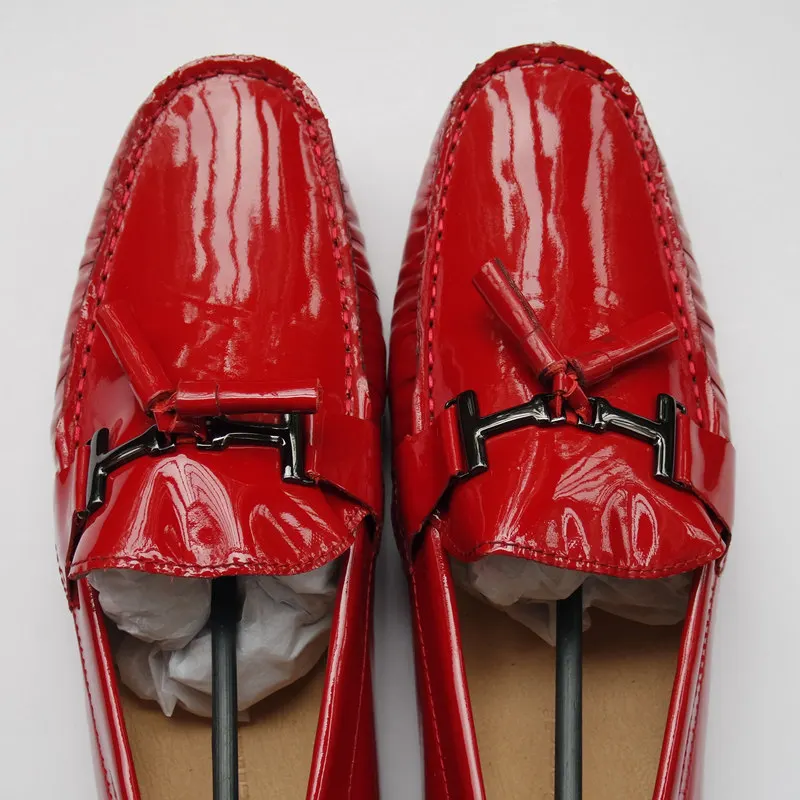 Mens Genuine Leather Red Patent Loafer Shoes Slip on Tassel Driving Big Size 11 12 45 Casual Men | Обувь