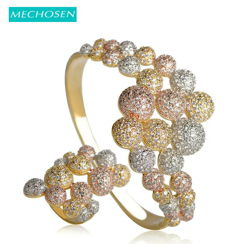 MECHOSEN изысканные женские большие ювелирные наборы крученый браслет кольцо латунь 3 тона с фианитами в микро-паве Циркон Pulseira Aneis аксессуары