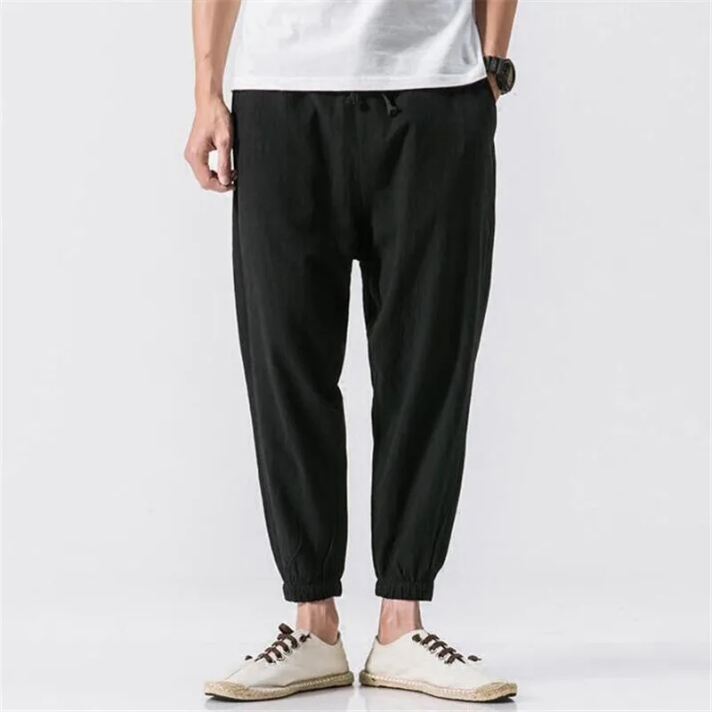 Мужские осенние летние свободные повседневные штаны до щиколотки льняные