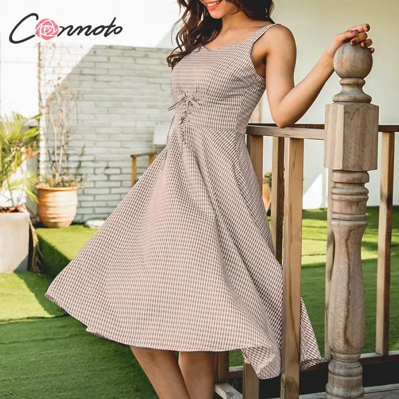 Conmoto Модное чёрное платье миди в клеточку винтажное трапеция с перекрёстной