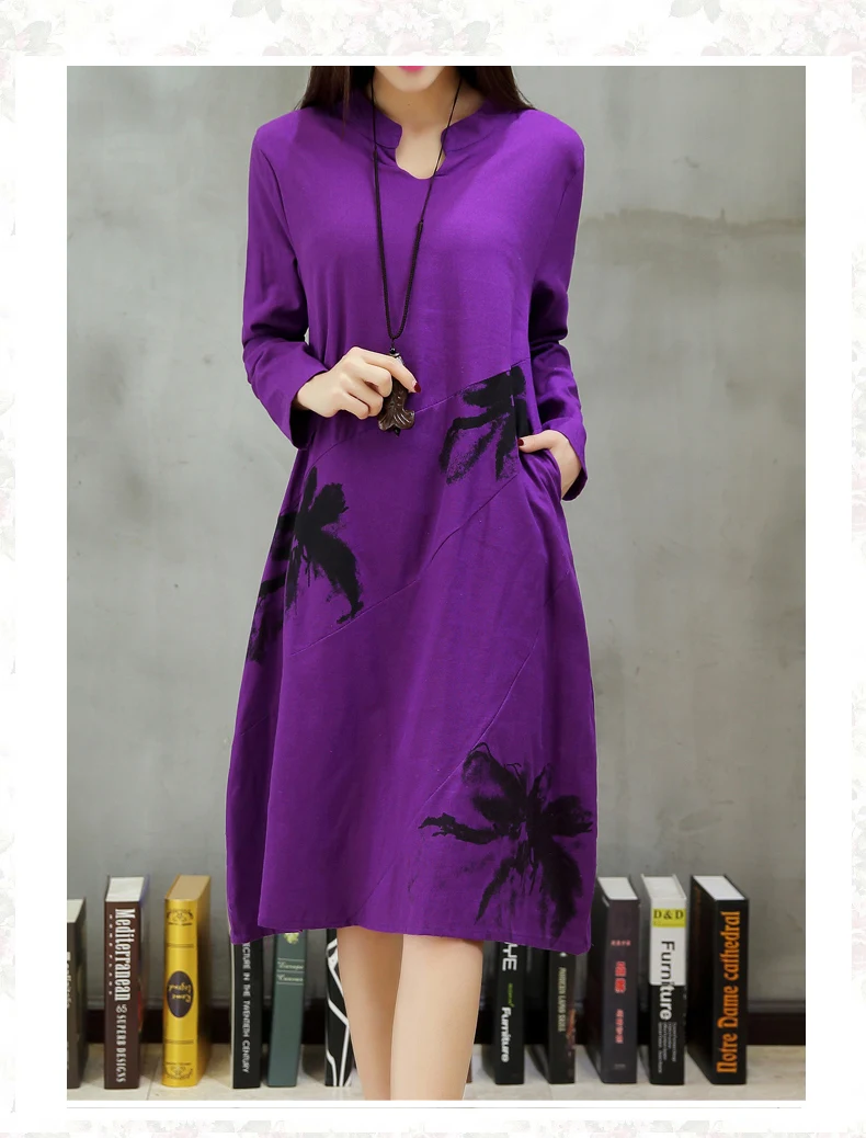 Женское Хлопковое платье с длинным рукавом свободное в национальном стиле