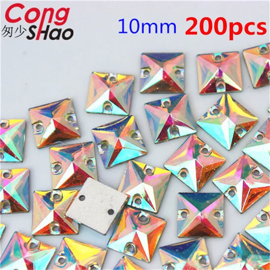 10mm 200pcs Конг Шао микс 10 размер форма кристаллы AB Стразы отделка плоская спина Шитье 2 отверстия камни Смола бусины для DIY свадебное платье YB668 - Цвет: 10mm 200pcs