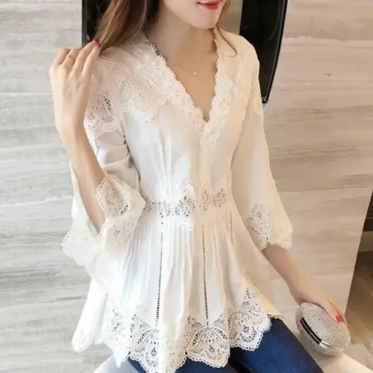 Женская кружевная блузка с рукавами колоколами и V образным вырезом|Рубашки| |