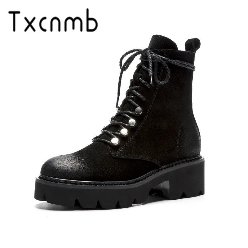 Женские замшевые ботинки на платформе TXCNMB черные ботильоны из коровьей замши