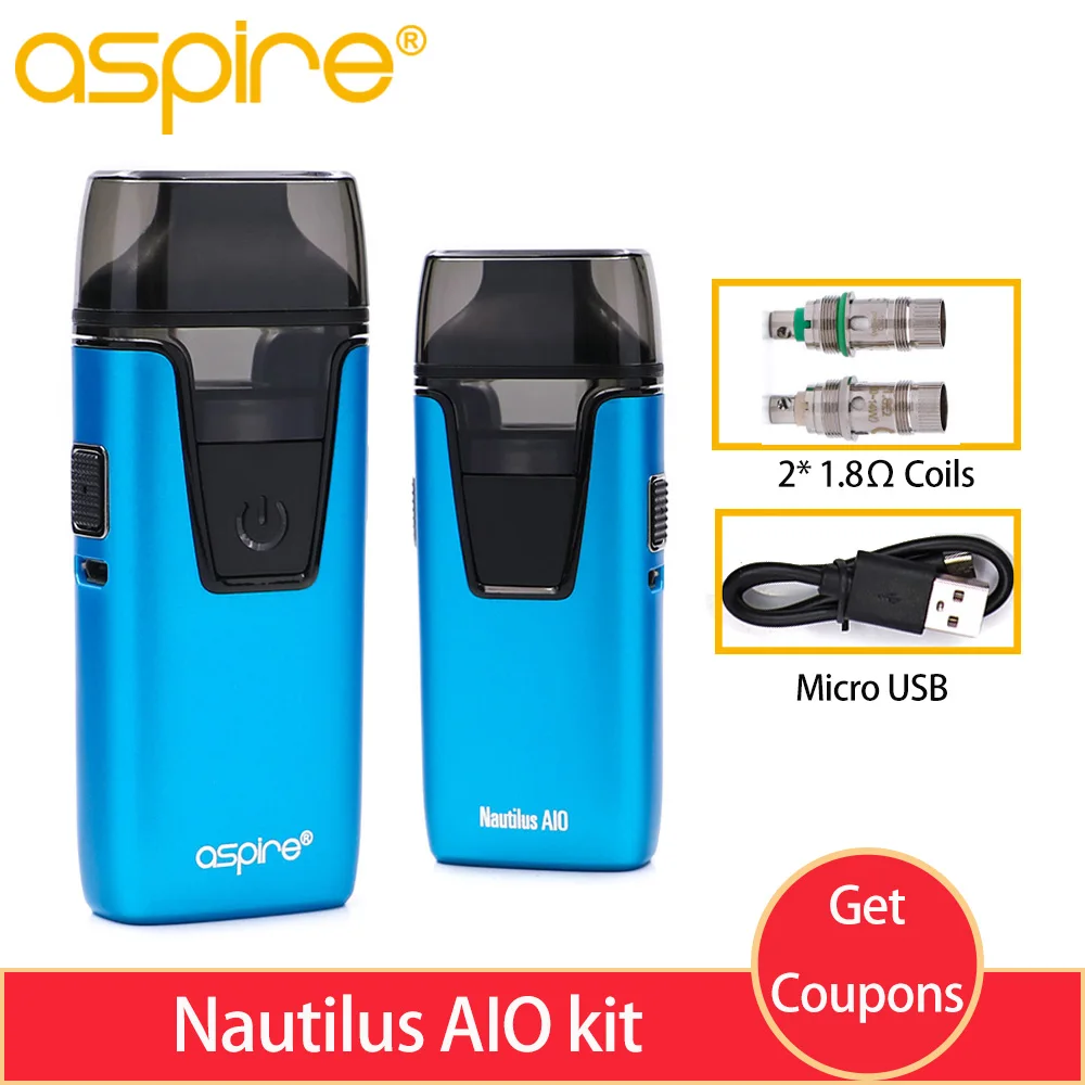 2 шт. электронная сигарета Vape kit Aspire Nautilus AIO pod system 1000 мАч встроенный аккумулятор и 4